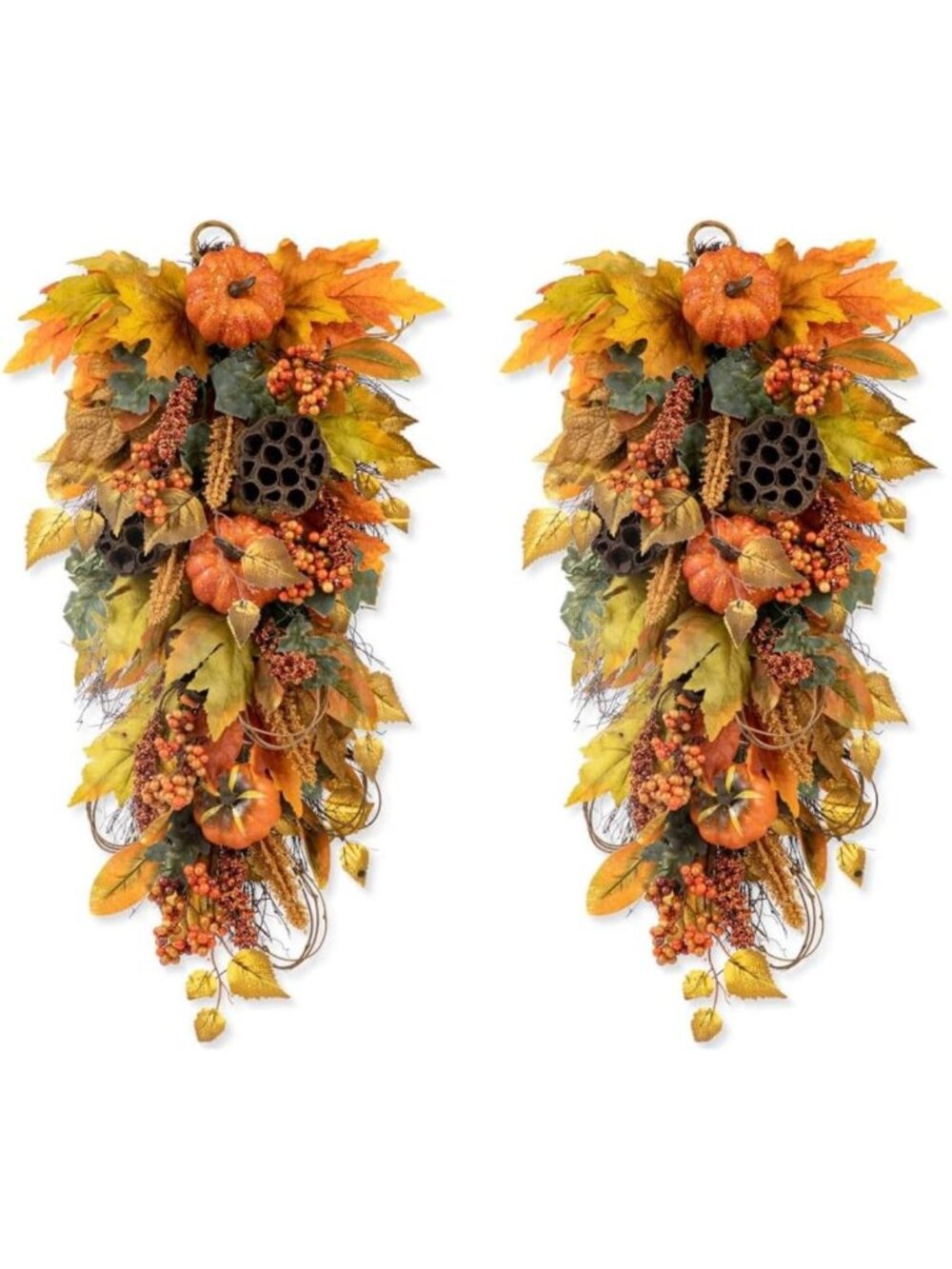 2-Piece Fall Pumpkin Leaf Swag with Grapevine Base, Faux Berries & Maple Leaves